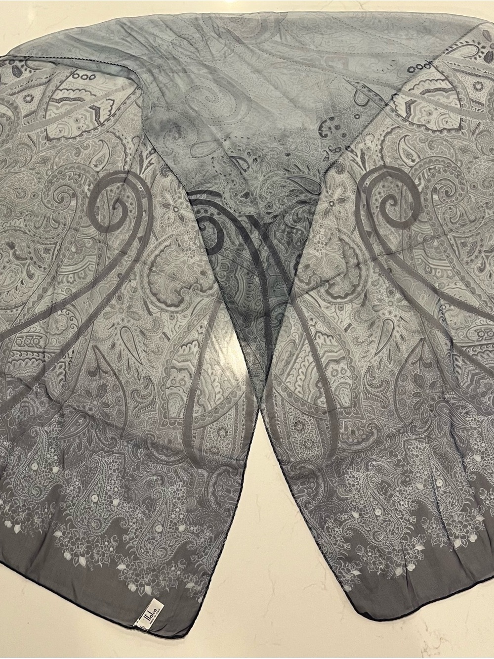 Italca Made in Italy 100% Silk Paisley Sheer Scarf Blue Grey Luxury Wrap